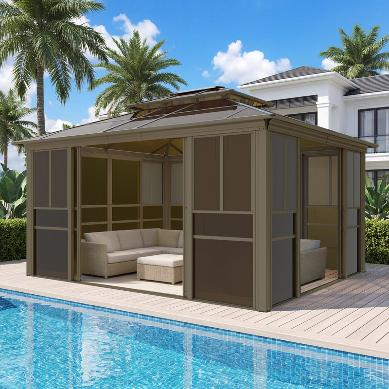 14 ft. W x 12 ft. D Outdoor Sunroom Gazebo – All-Season Aluminum Solarium with Ventilated PC Double Roof, Sliding Doors, and Adjustable Screen Windows for Patio, Deck & Hot Tub