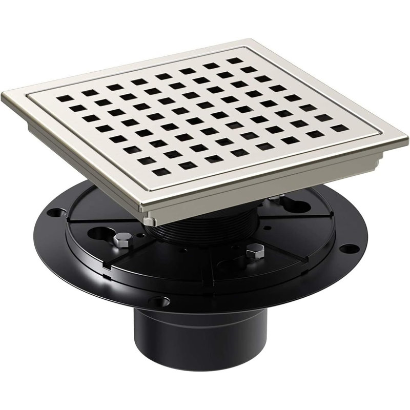6 Inch Square Shower Drain, Stainless Steel Kitchen Garage Bathroom Floor Drain With Flange, Brushed Nickel
