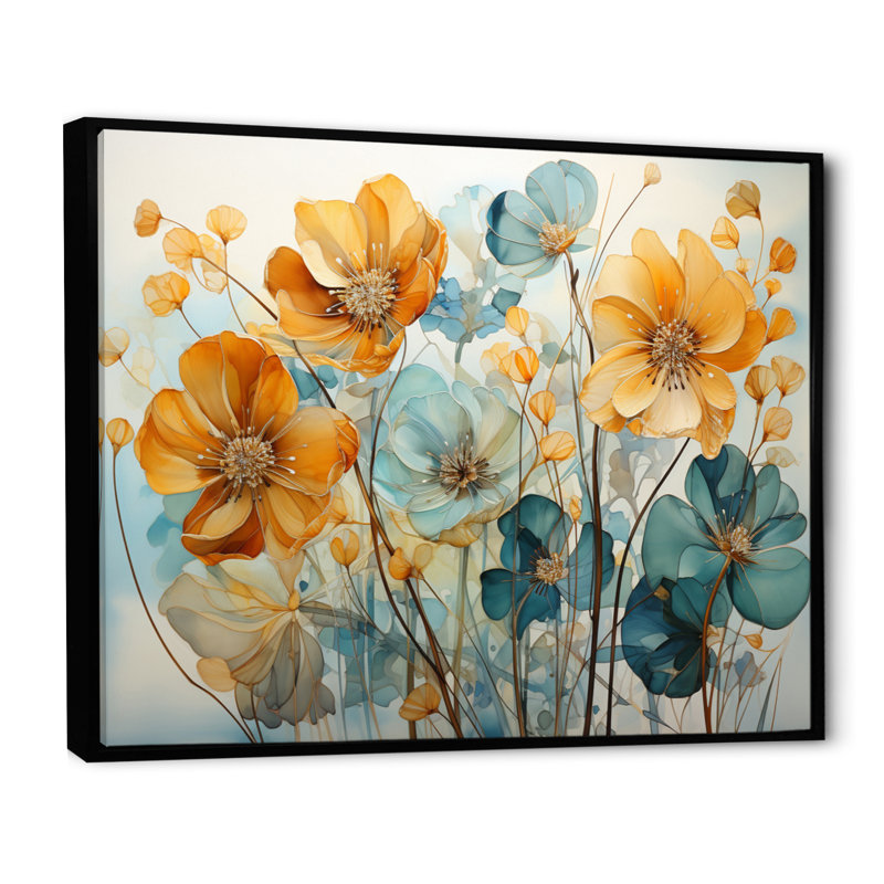 «Teal Orange Botanical Fragments I - Abstract Botanicals», art encadré, Cadre flottant noir, H 24 po x l 32 po x P 1 po