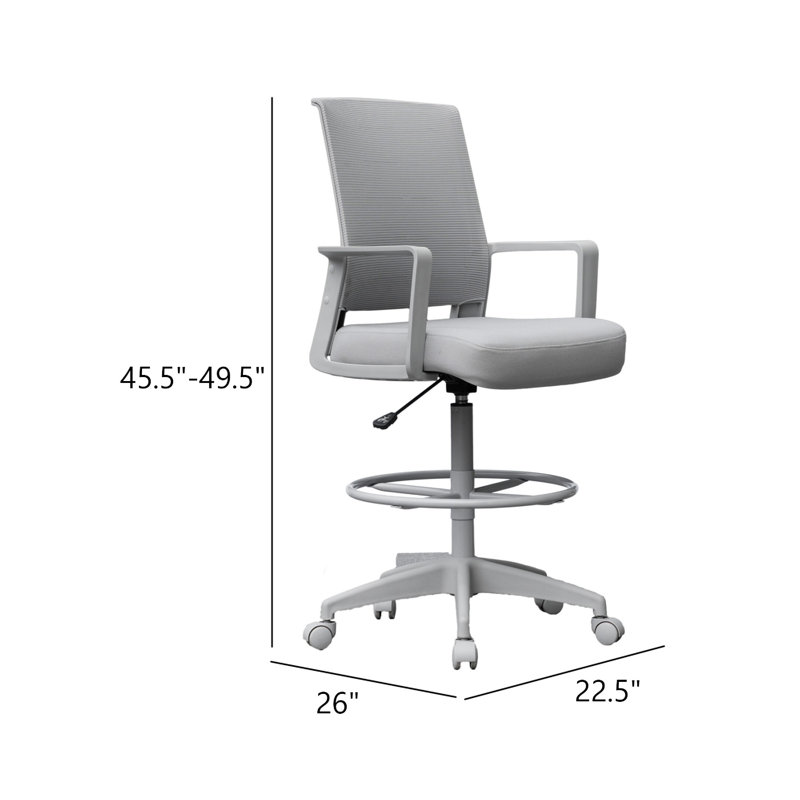 Tabouret de dessin pivotant, accoudoirs fixes, dossier en filet gris, repose-pieds chromé