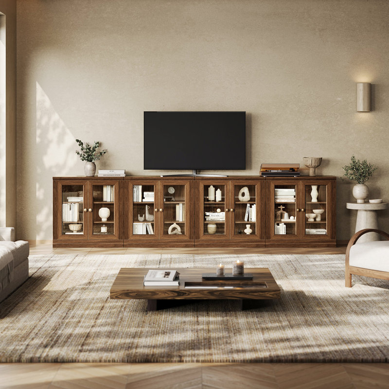 Buffet modulaire moderne Monos 126,8 po avec portes vitrées, vitrine à 4 compartiments, noyer, Brown