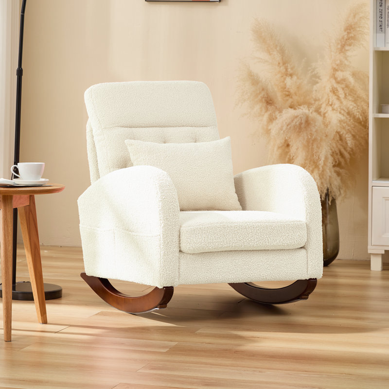 Beige Teddy Fleece Rocking Chair with Solid Wood Base