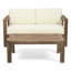 Table basse en bois avec coussins imperméables et lattes ouvertes, table d'extérieur beige brun, coussins résistants aux intempéries