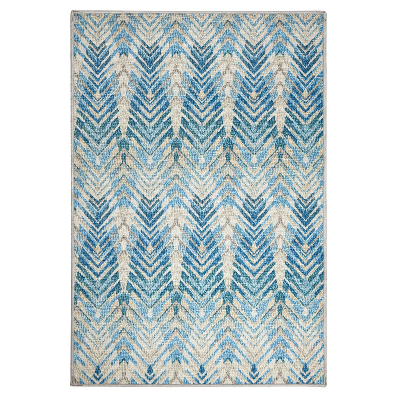 Seneca Machine Printed Polyester Chevron Area Rug in Blue/Gray, Rectangle 5' x 8'