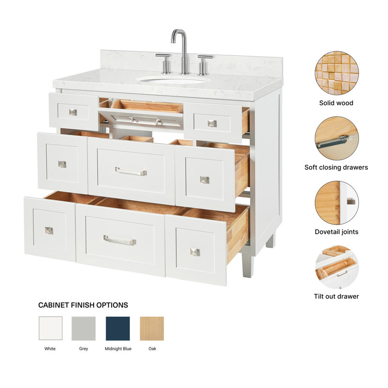 ARIEL Monroe 54 Single Sink Bathroom Vanity with Carrara Quartz Top, White, 42" - 43", Carrara White Quartz