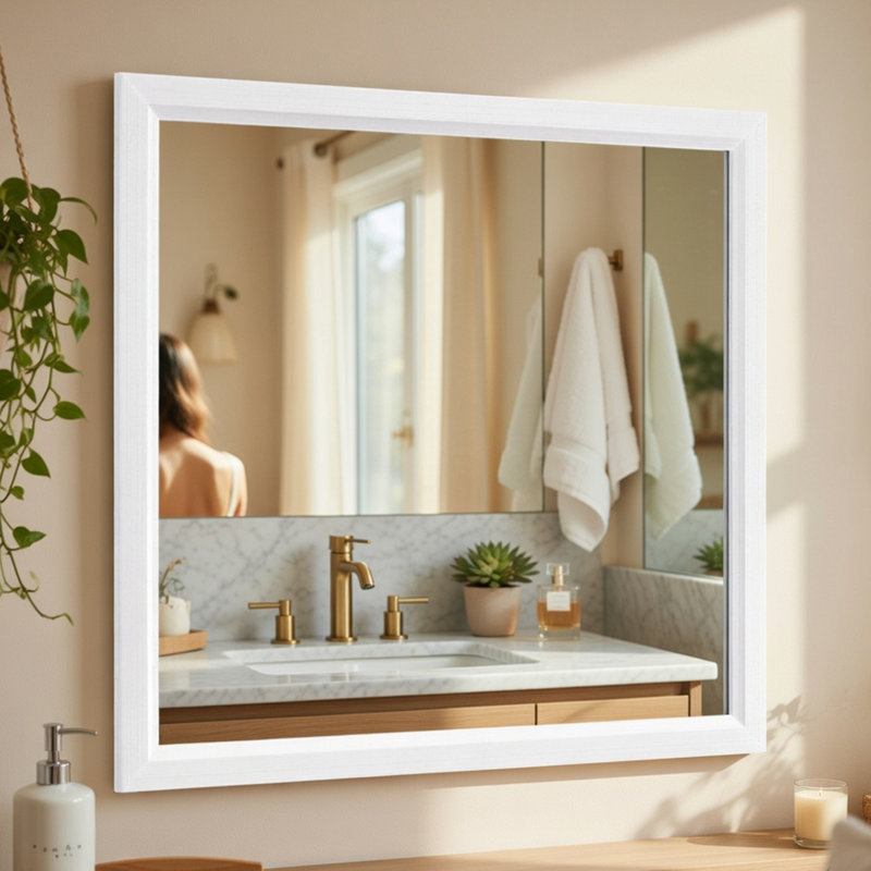 Miroir de commode Ameya, conception encadrée, grain de bois blanc imprimé, 36 x 39