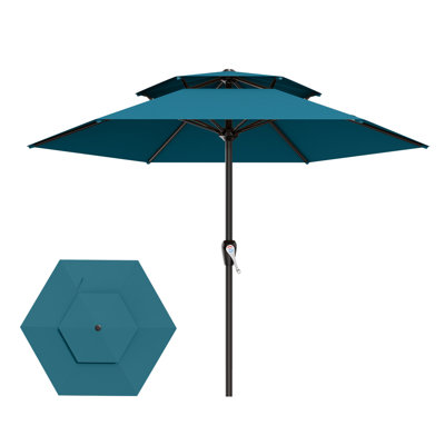 12FT All-Steel 2-Tier Patio Umbrella with Smooth Crank Handle, 6 Sturdy Ribs, Waterproof and UV-resistant, Patio Table Umbrella Perfect for Poolside, Terrace, Beach and Outdoor Restaurant, Lake Blue