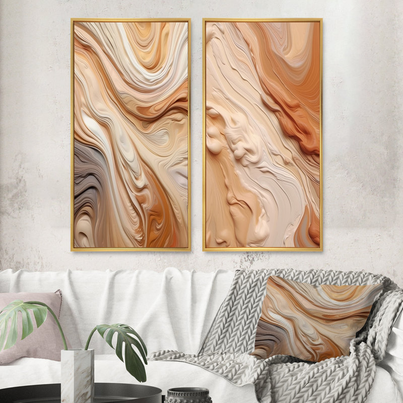 «Orange and Beige Unianted Imagination», 2 pièces sur toile, H 32 po x l 32 po, Encadrement doré