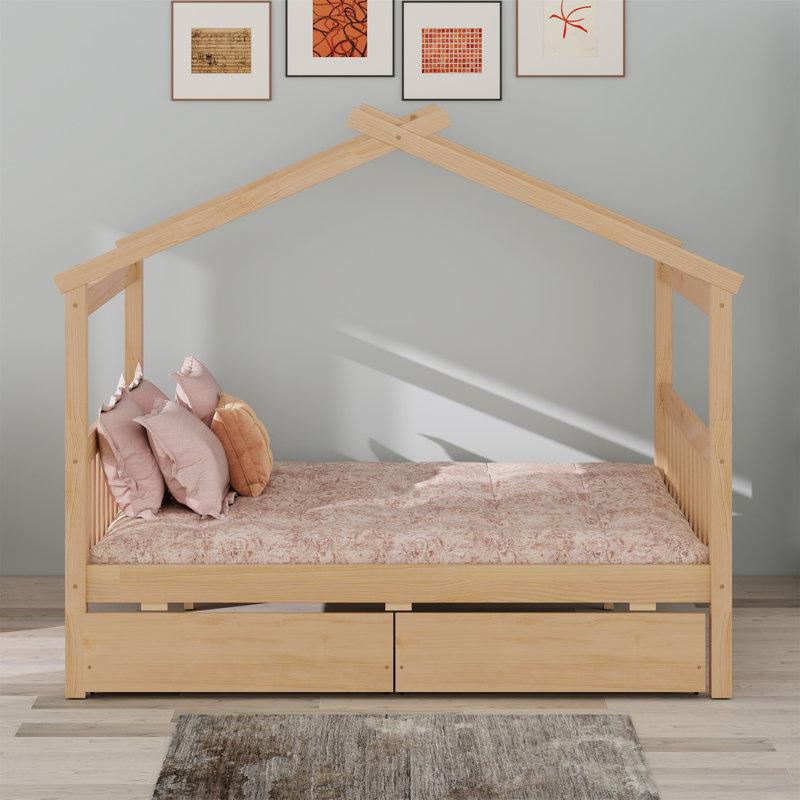 Wooden House Bed With Drawers, Full, Natural