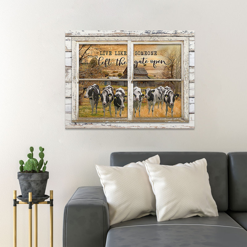 «Milkers On The Field - Live Like Someone Left The Gate Open», reproduction d'art graphique sur toile tendue 1 pièce