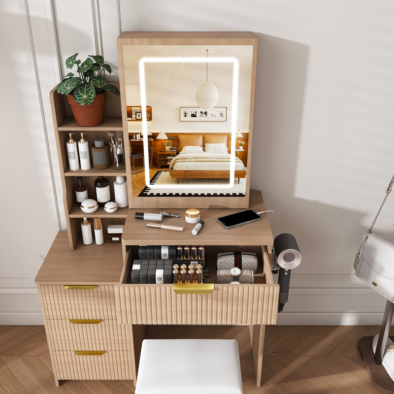 Makeup Vanity and stool set with light Mirror, 4 Drawers and open shelves, Walnut