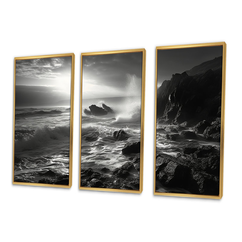 «Rocky Beach Scenery», ensemble d'art mural sur toile océan, Cadre flottant doré, H 40 po x l 60 po x P 1 po