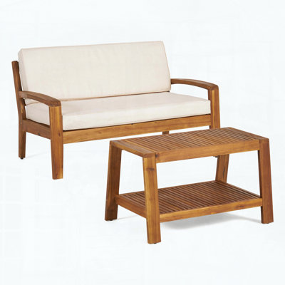 2-Piece Teak Acacia Wood Outdoor Loveseat & Coffee Table Set with Beige Cushions