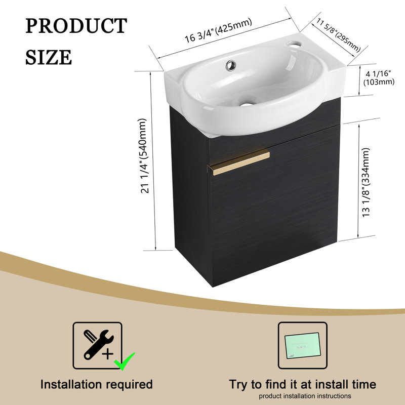 Meuble-lavabo simple mural 16 po avec plateau en céramique 16 po