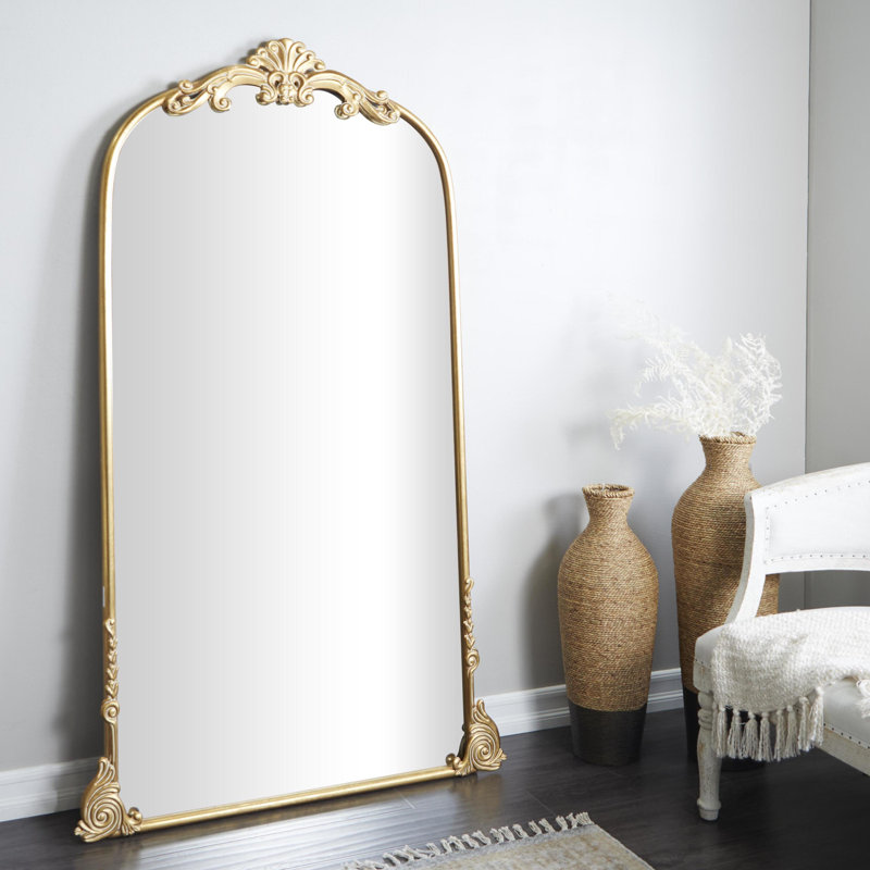 Audranna Gold Metal Scroll Tall Ornate Arched Baroque Room Floor Mirror, 28" x 1" x 48", Arch/Crowned top, 72" x 42"