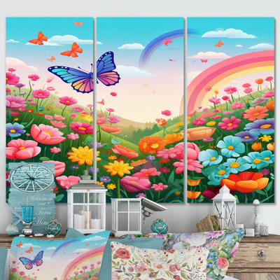 Mauve Butterfles Paradise Rainbow Flowerfield III - animaux, ensemble d'art mural sur toile