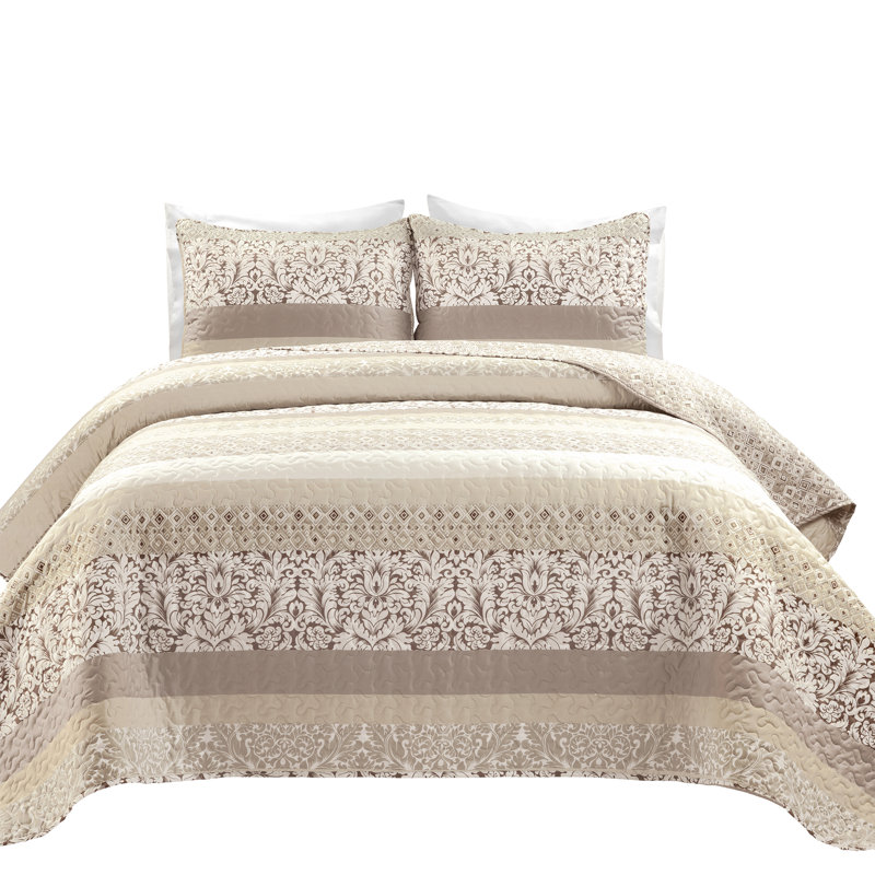 Boho Stripe Reversible Coverlet Set, King Quilt + 2 King Shams, Neutral