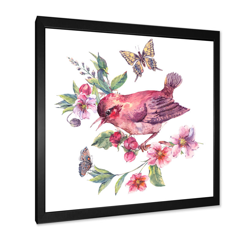 Oiseau sur une branche en fleurs I - peinture sur toile, H 30 po x l 30 po, Cadre noir