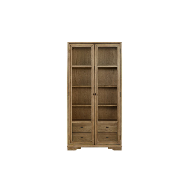 Vitrine haute couleur noix de cajou avec portes doubles vitrées, plusieurs étagères fixes pour ranger la vaisselle et les objets de décoration, deux tiroirs de rangement, fabriquée en placage de qualité, hauteur 208 cm (81,82 po).