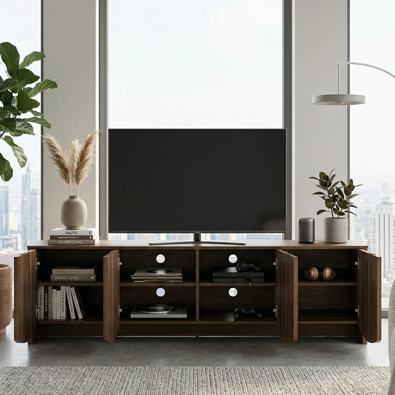 Winette 71" W Mid Century Modern TV Stand with Scalloped Doors, Walnut