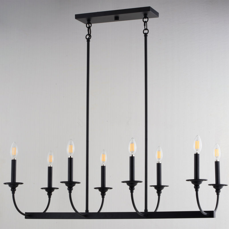 Durham 8-Light 36 In. Wide Matte Black Transitional Candle Kitchen Island Pendant Fixture, LED Compatible, Adjustable Height, Hanging Ceiling Linear Chandelier For Dining Table, Entryway, Foyer