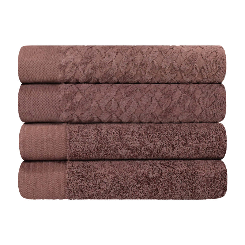 Nisswa Turkish Cotton Jacquard Herringbone and Solid Medium Weight Bath Towel Set of 4, Chocolate