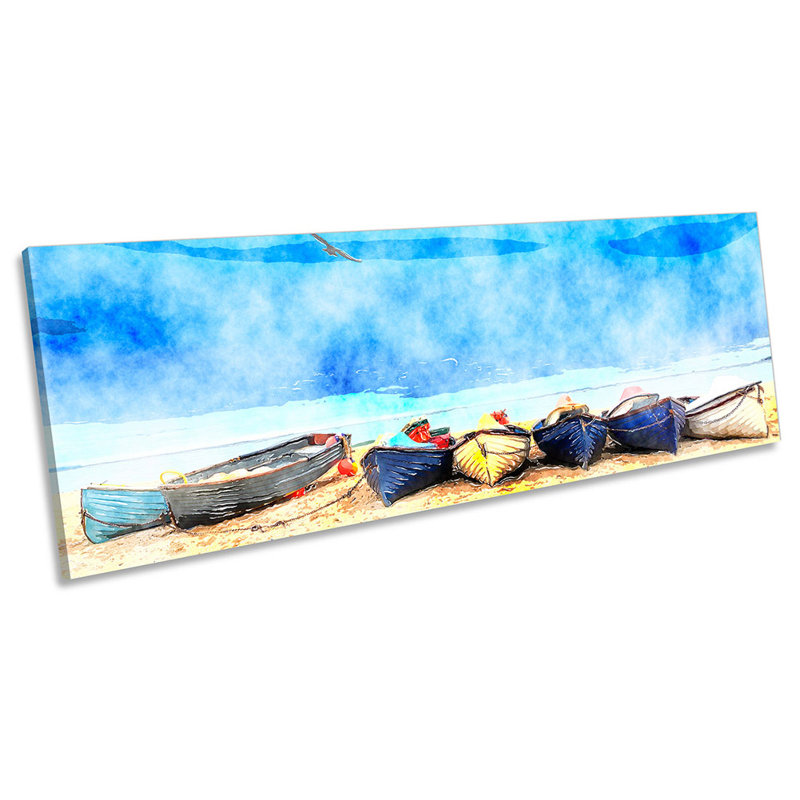 Beach Boats Blue Seascape - Wrapped Canvas Panoramic Print, 40.64cm H x 121.92cm W
