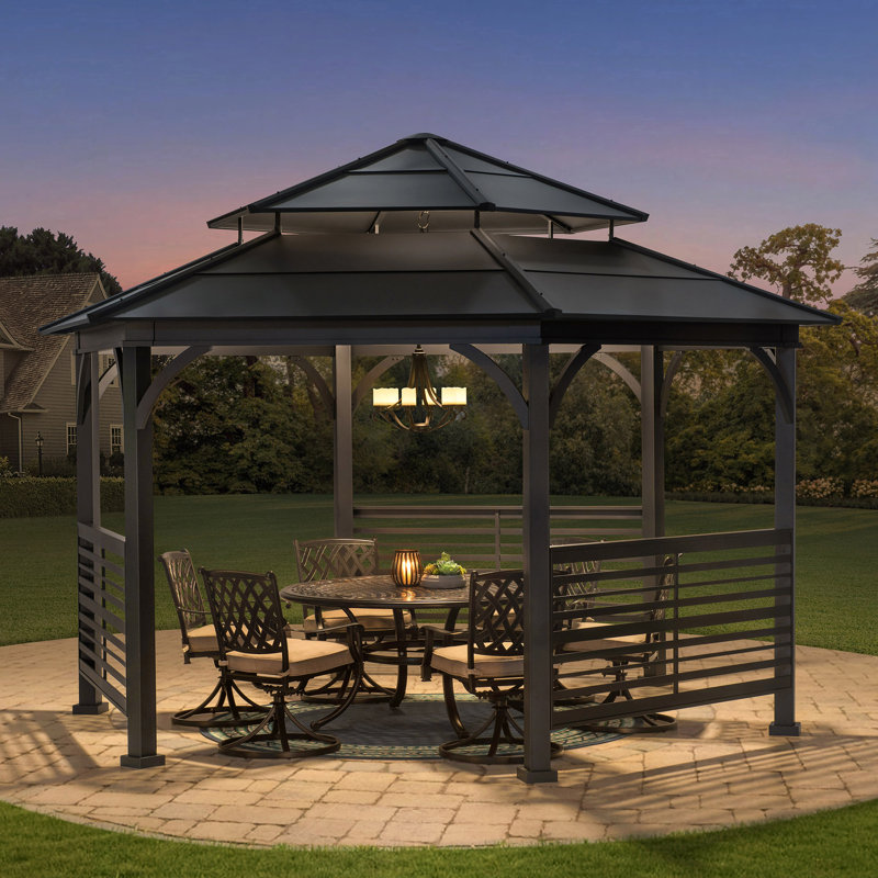 Pavillon de jardin à toit rigide de 13 pi x 15 pi Sunjoy, pavillon de jardin extérieur hexagonal Macomb, pavillon de jardin hexagonal en métal à deux niveaux avec clôture décorative, rails doubles et crochet de plafond pour patio, jardin et abri de 