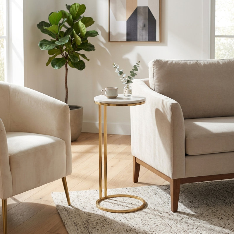 Table d'appoint moderne Sanches avec base mince en métal et plateau rond - Élégante décoration cocktail pour le salon ou les petits espaces - Table de bout étroite pour la décoration intérieure - 24 po