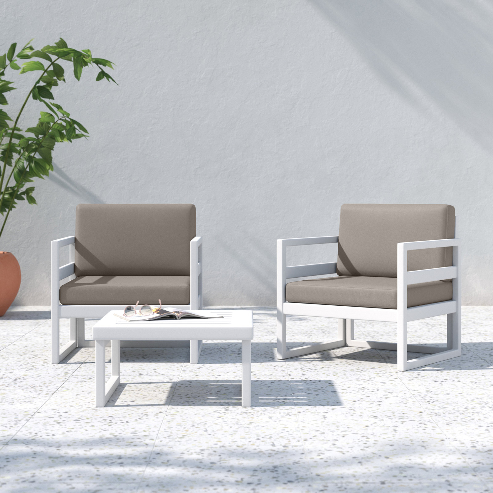 Kalani 2 - Person Patio Conversation Set with Sunbrella® Cushions, Taupe, White