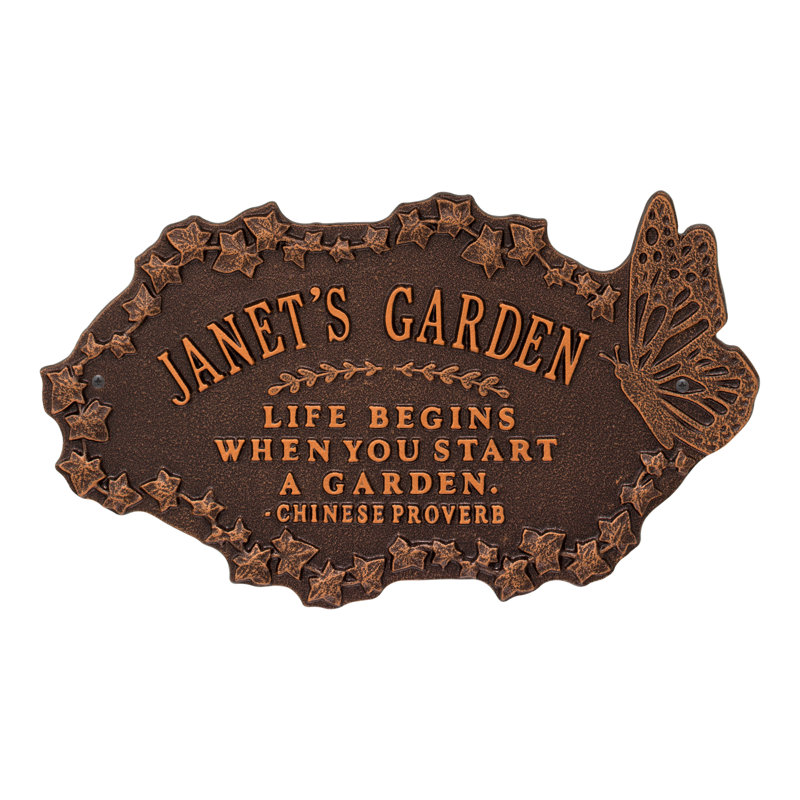 Plaque de jardin en aluminium avec texte et chiffres, Cuivre antique, Oui