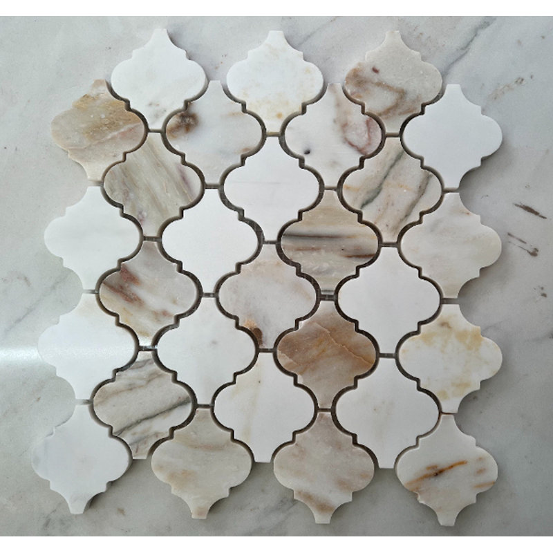 2.75" x 3" White Marble Arabesque Lantern Pattern Natural Stone Mosaic Tile, White/Gray