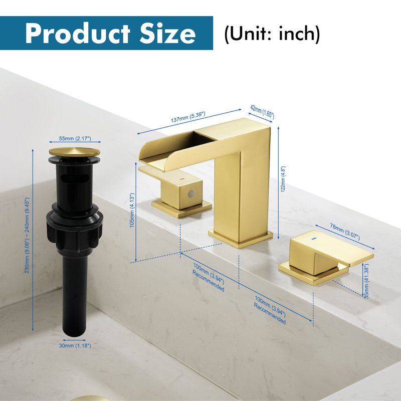 Widespread 2-handle Bathroom Faucet with Drain Assembly, Brushed Gold