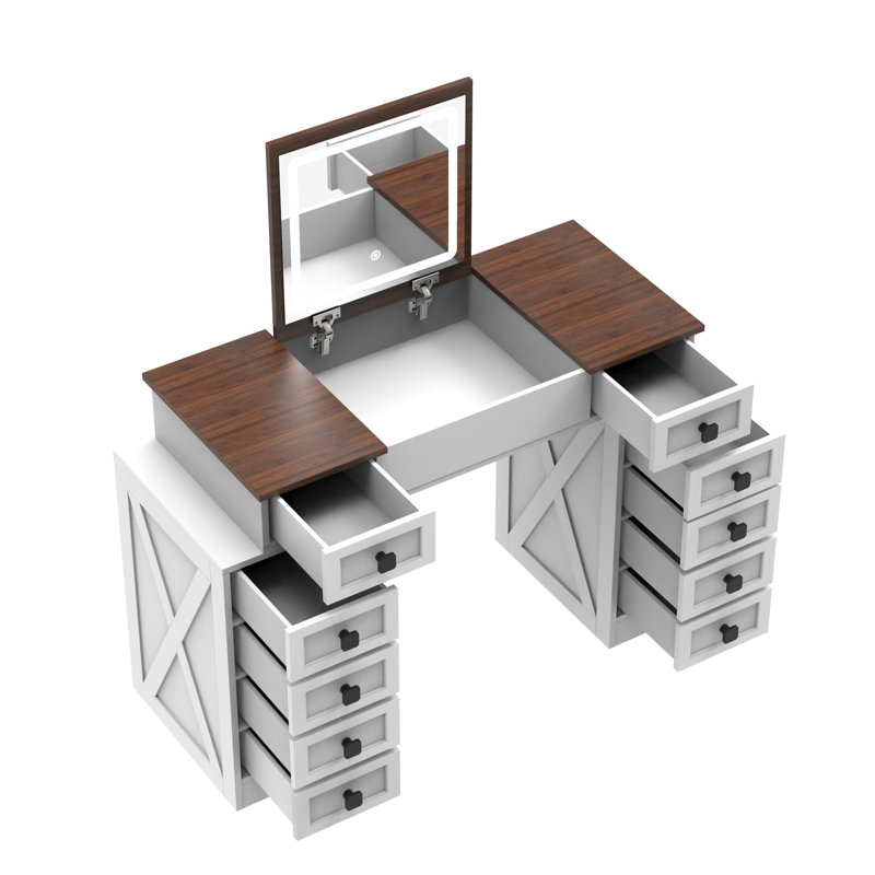 Bureau de meuble-lavabo lumineux à intensité variable avec rangement spacieux. 10 tiroirs, blanc et noyer. Miroir rabattable pour économiser de l'espace. Tabouret relaxant et généreux blanc + finition noyer. Optimisation.