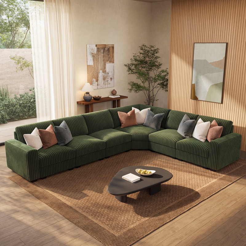 Canapé modulaire moderne en L, Velours côtelé vert, H 35,4 po x l 128,1 po x P 100,5 po