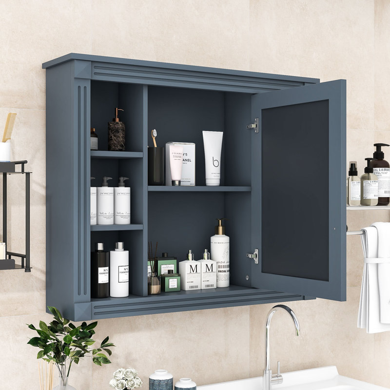 Armoire de salle de bain murale moderne Yanali avec miroir et rangement multi-tablettes, Bleu
