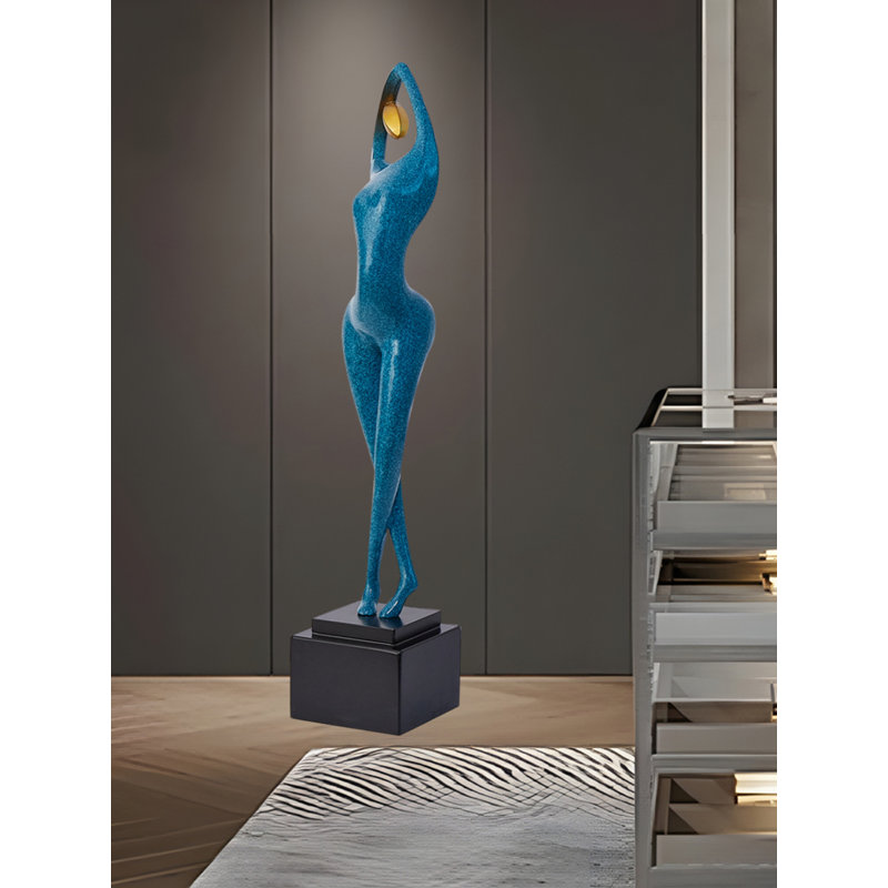 Figurine abstraite de style italien avec corps en résine et base en bois, Bleu