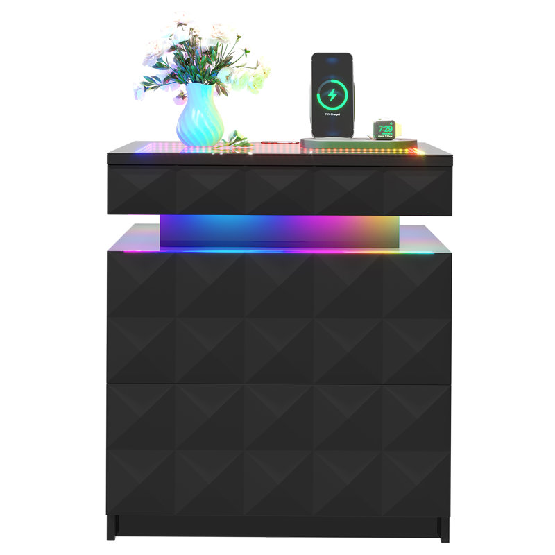 2-Drawer Nightstand with Adjustable RGB Light and Human Body Detection,Fashionable Mirror Visual Design Bedside Table with Charging Station