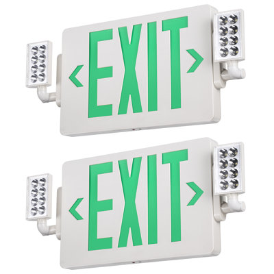 Porta LED Exit Sign with Emergency Lights and Battery Backup, Two Adjustable Heads, Green Letters, White