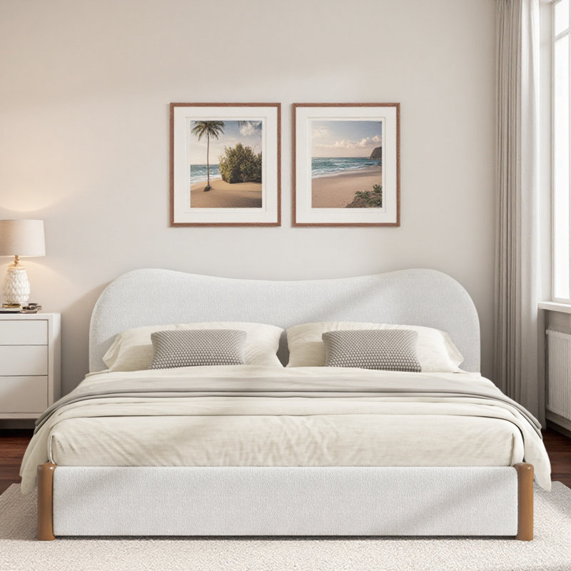 Lit plateforme tapissier avec tête de lit courbée et pieds de soutien en bois, Queen, White