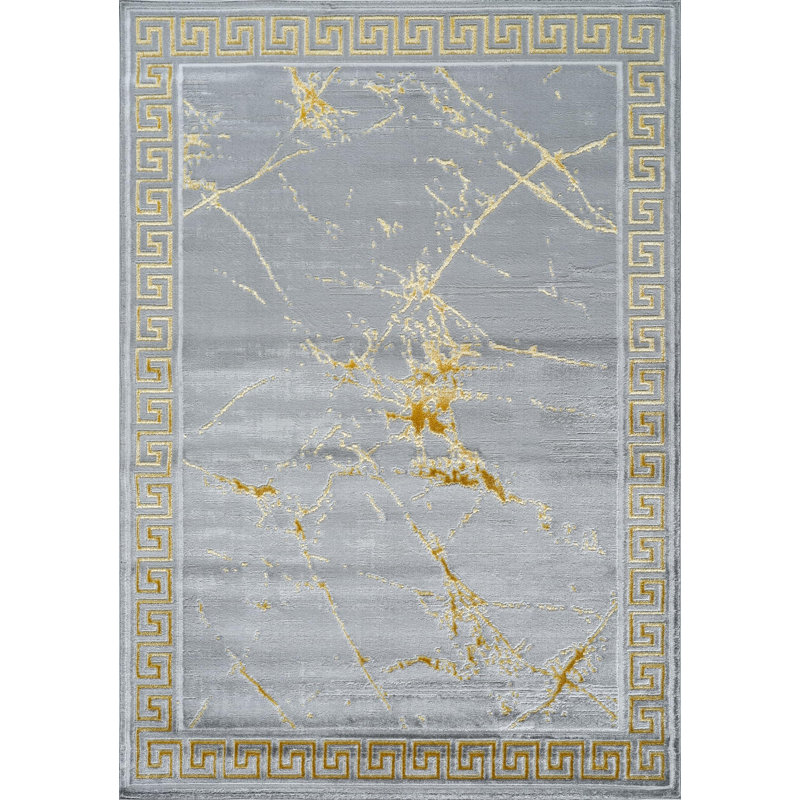 Mercer41 Area Rugs Marble Grey Gold Carpet Modern Abstract Rug Living Room Dining Bedroom Rug, Runner 2' x 7'