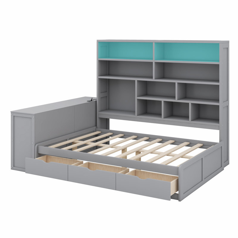 Lit de jour avec tiroirs, bureau, tablettes et lumières, Grey