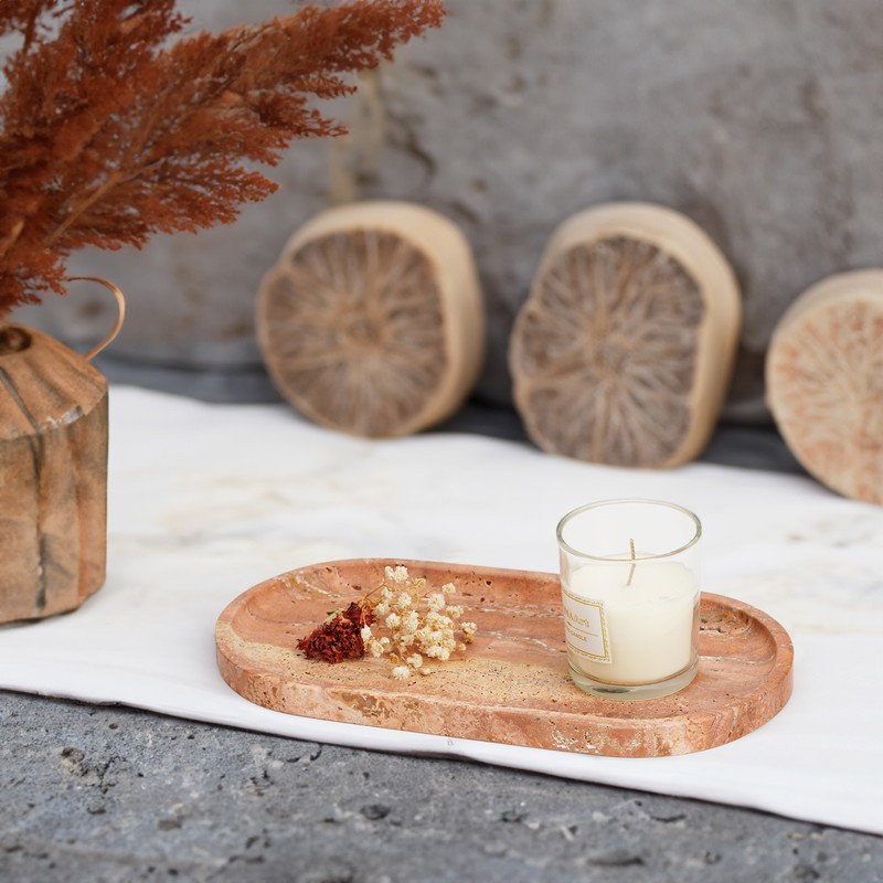 Plateau en marbre naturel ovale Guein, Travertin rouge