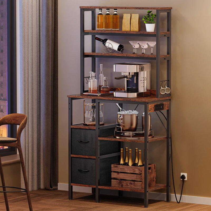  Kitchen Storage Rack With Power Outlet, 2 AC Outlets 2 USB Ports, Baker's Rack With 2 Drawers And 4 Hooks, Microwave Shelf