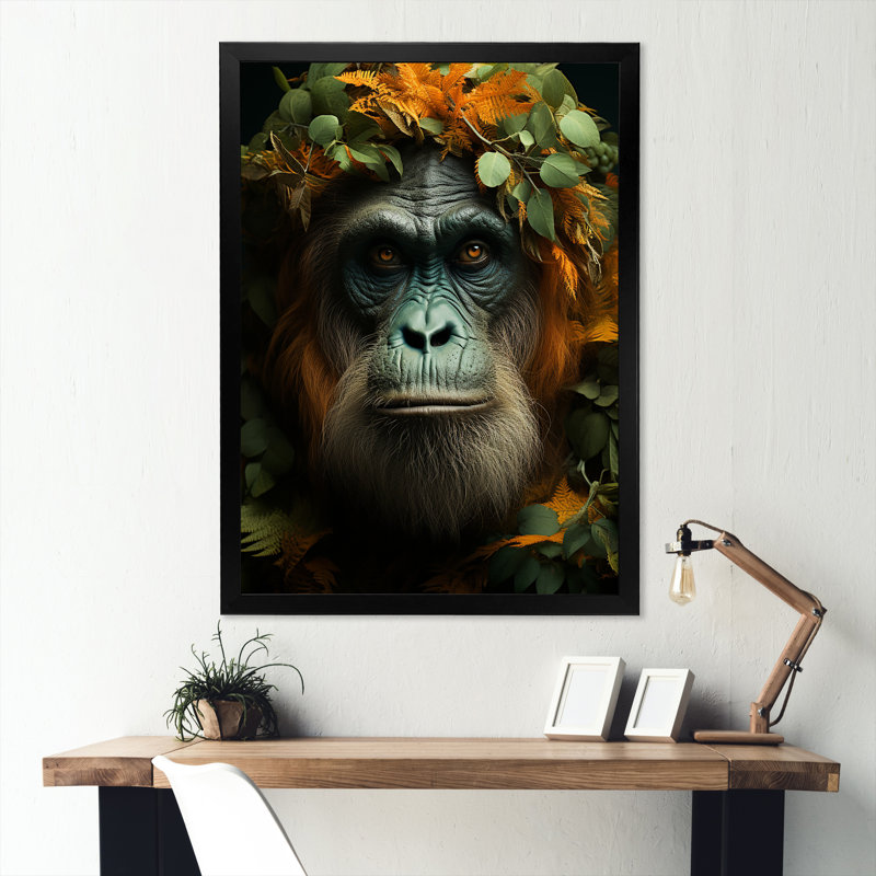 Singe orang-outan dans la jungle ensoleillée I, Cadre simple noir, H 32 po x l 16 po x P 1 po