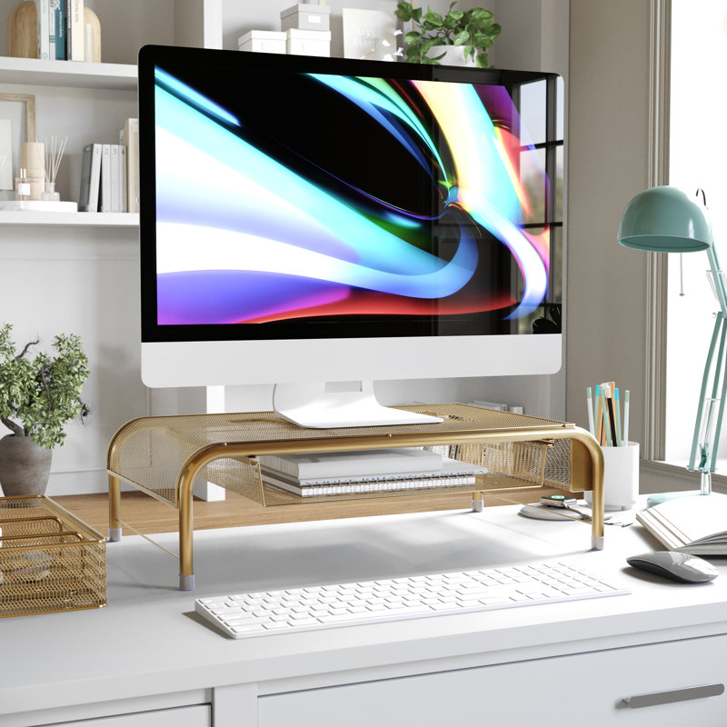 Martha Stewart Ryder Premium Mesh Metal Desktop Monitor Riser Stand With Drawer and Storage