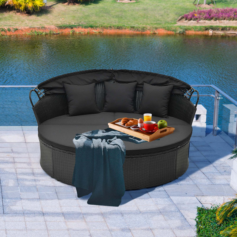 Bertena 76'' Wide Curved Steel Patio Daybed with Cushions, Black