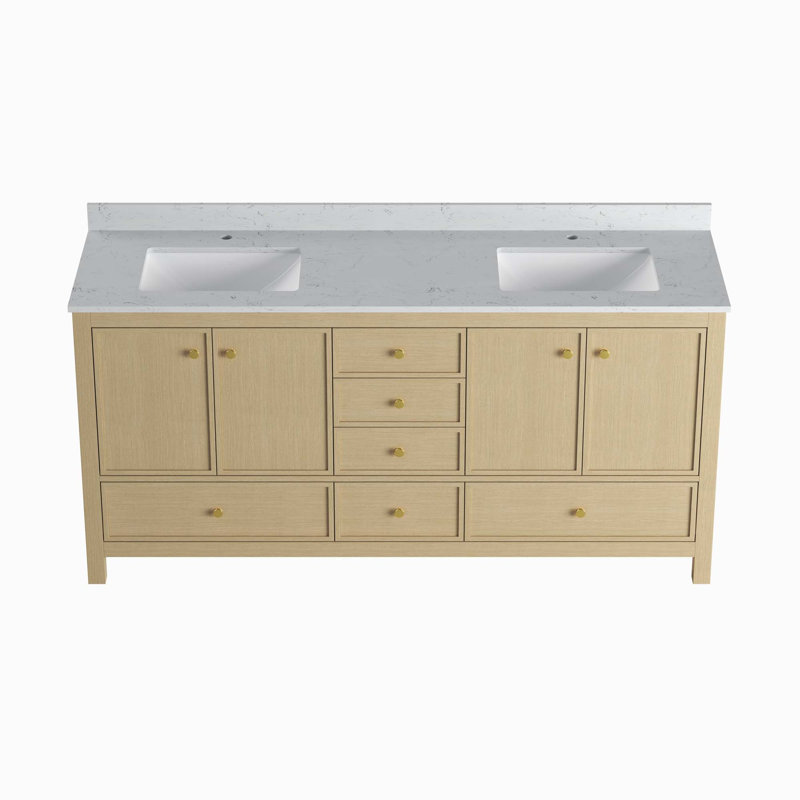 Meuble-lavabo double avec portes et tiroirs, 71", Bois naturel