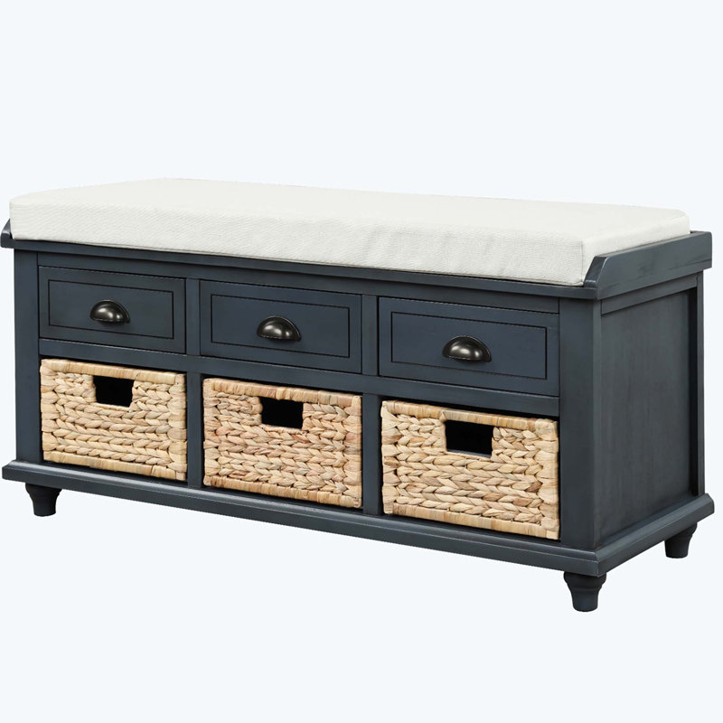 42" Wide Shoe Storage Bench with Cushion Entryway Bench with 3 Drawers and 3 Rattan Baskets, Antique Navy