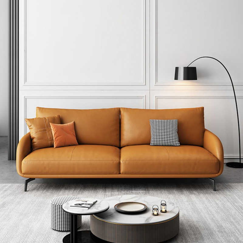 Causeuse coussin orange en cuir véritable, H 33,46 po x l 62,99 po x P 36,61 po